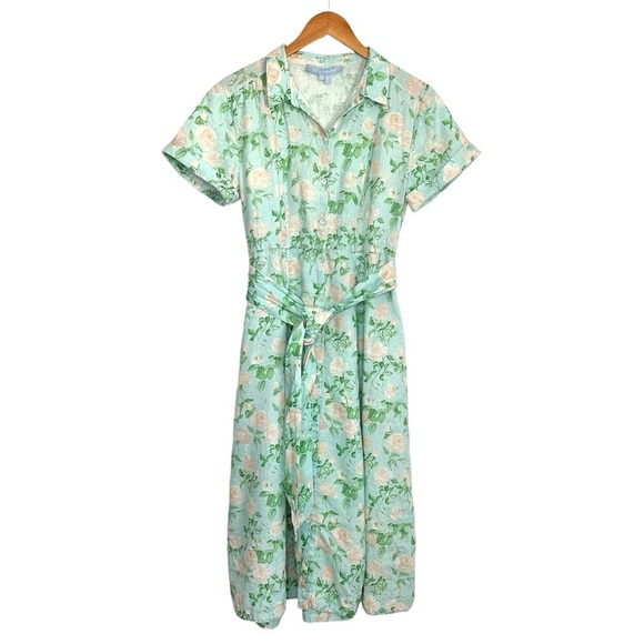Hill House Lily Midi Floral Linen Dress Sz Small Blue Roses Belted Button Up - Picture 2 of 7